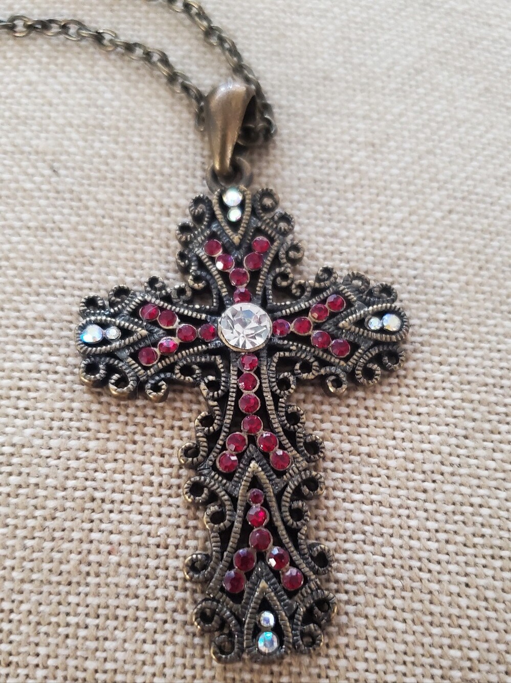 Victorian Baroque Red Rhinestone Statement Cross Necklace Renaissance Faire